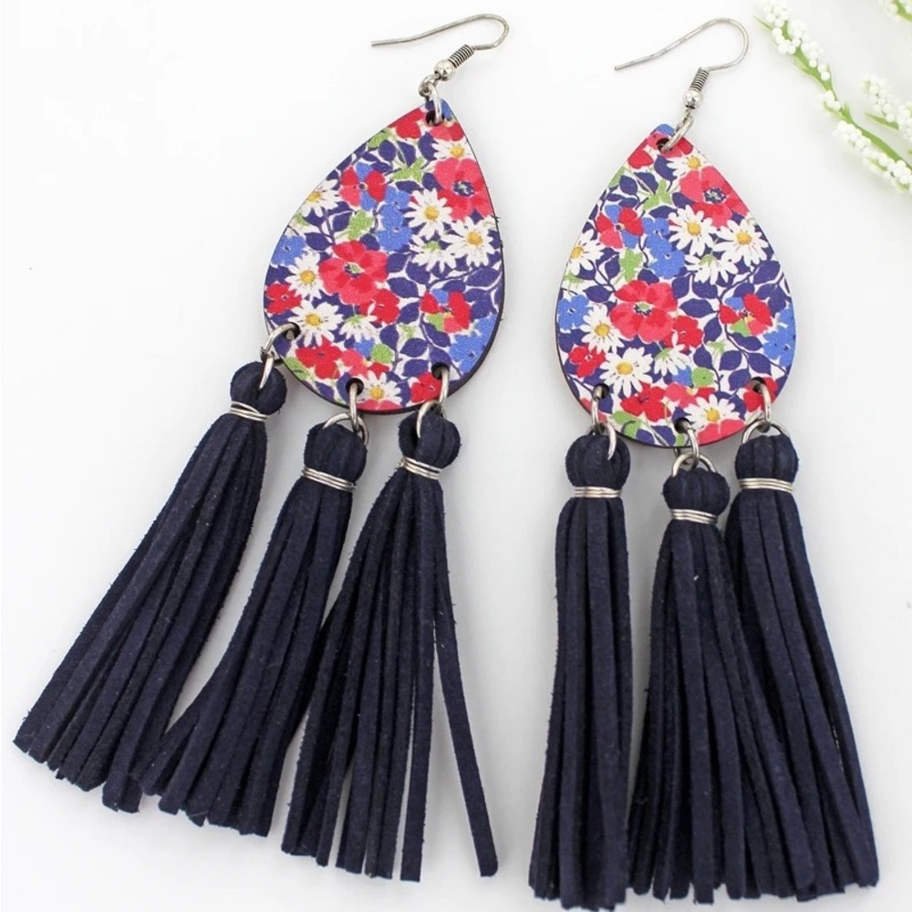 Daisy Collage Wood Teardrop Navy Tassel Fringe Earrings